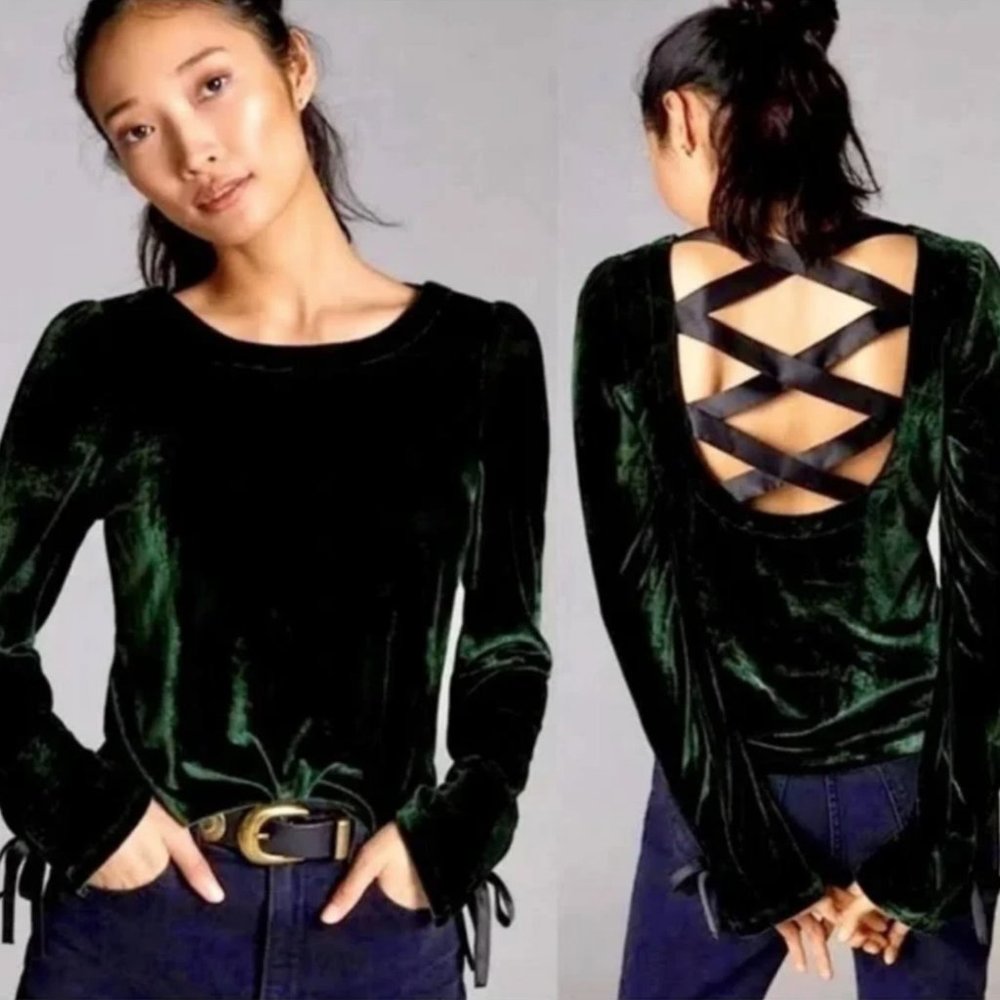 Anthropologie Dark Green Open-Back Bow Tie Velvet Top XL